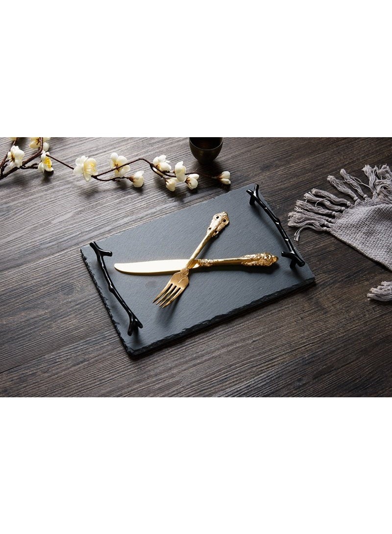 FUKE Slate Cheese Board 30*20 cm with Handle Charcuterie Boards Natural Slate Stone Plate Tray, Gourmet Serving Platter for Meats, Fruits, Parties, Appetizers - Image 1